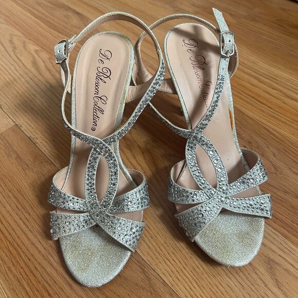 De Blossom – Silver Rhinestone Heels with Ankle Strap (Size 6.5) - Picture 1 of 5